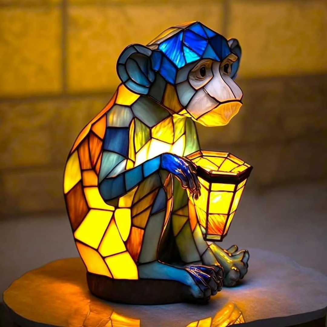 Stained Glass Monkey with Lantern Lamp
